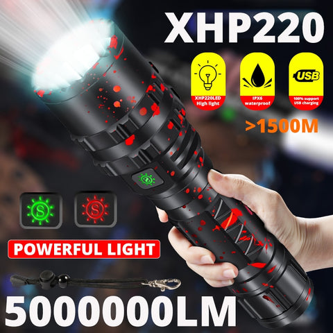 5000000LM High Power XHP220 Powerful LED Flashlight Tactical Military Torch XHP120 USB Camping Lanterna Waterproof Self Defence