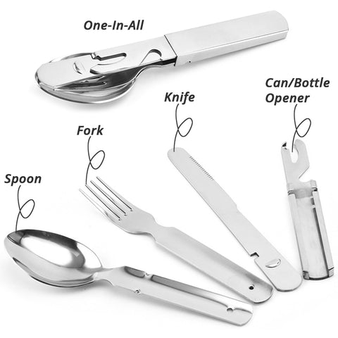 4-in-1 Portable Stainless Steel Camping Spoon, Fork, Knife and Can/Bottle Opener, Military Camping Utensils