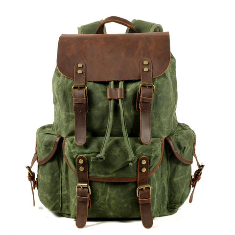 Mens Waxed Canvas Backpack Rucksack forwith Laptop Compartment Rustic Men Wax Leather Backpacks Travel Vintage Bookbag