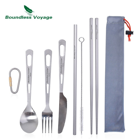 Boundless Voyage Titanium Camping Spoon Fork Spork Knife Chopsticks Straw Portable Tableware Cutlery Flatware Mess Kit