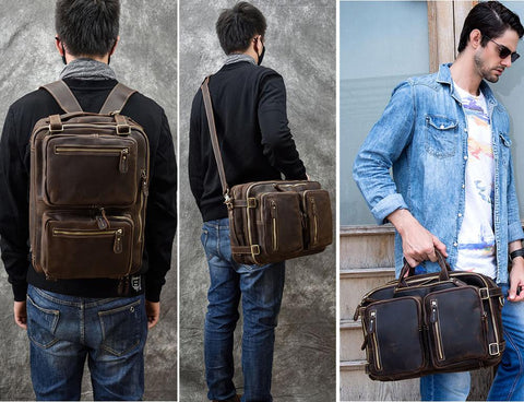 Men Genuine Leather Laptop Backpack 15&quot; PC Crazy Horse Leather Business Bag 3 Use Cow Leather Shoulder Bags 3 Layer Work Tote