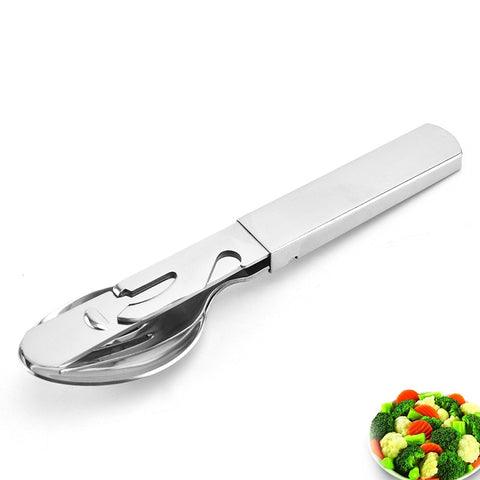 4-in-1 Portable Stainless Steel Camping Spoon, Fork, Knife and Can/Bottle Opener, Military Camping Utensils