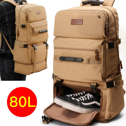 80L Large Capacity Backpack Multifunction Canvas Luggage Backpacks Men Travel Pack Bag Moutaineering Package Bags Vintage XA75C