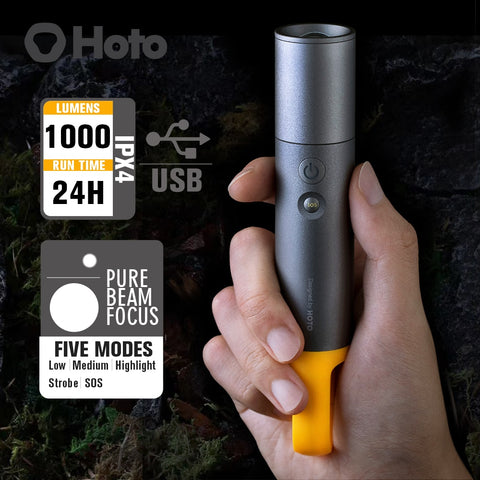 HOTO Flashlight LED Ultra Bright Torch 1000 True Lumens 5 Lighting Modes Zoomable Outdoor Bicycle Light 18650 Lithium Battery