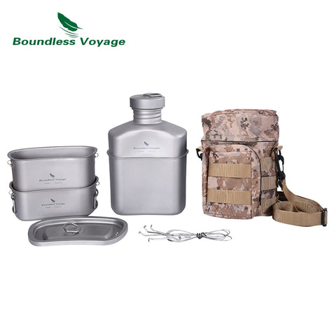 Boundless Voyage Outdoor Camping Titanium Military Canteen Cups Cooking Set Water Bottle Bowl Kettle Mess Kit