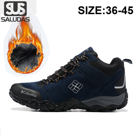 SALUDAS Men's Trail Running Shoes Winter Sneakers Outdoor Leather Camping Hiking Shoes Fur Warm High Top Boots Sneakers Male