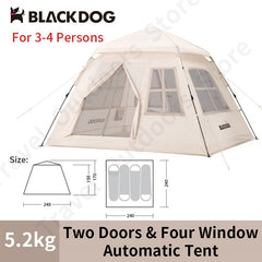 Naturehike-BLACKDOG New 3 Seasons Automatic Tent 3-4 Persons Portable Fast Build Spring Support 150D Oxford Cloth 2Doors 4Window