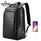 BOPAI Genuine Leather Backpack Laptop Mens Business Casual Waterproof Back Pack Male Computer Bagpack Black Backpacking