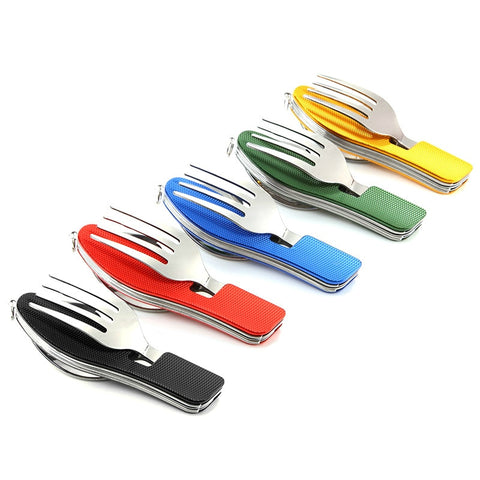 4 In 1 Outdoor Tableware Set Camping Equipment Cooking Supplies Stainless Steel Spoon Folding Pocket  Home Picnic Hiking Travel