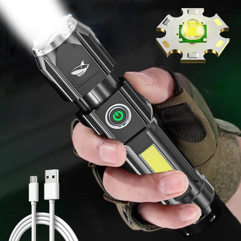 Portable USB Rechargeable LED Flashlight Powerful Flash Light Zoom Torch with 3 Light Modes Built-in Battery Camping Light
